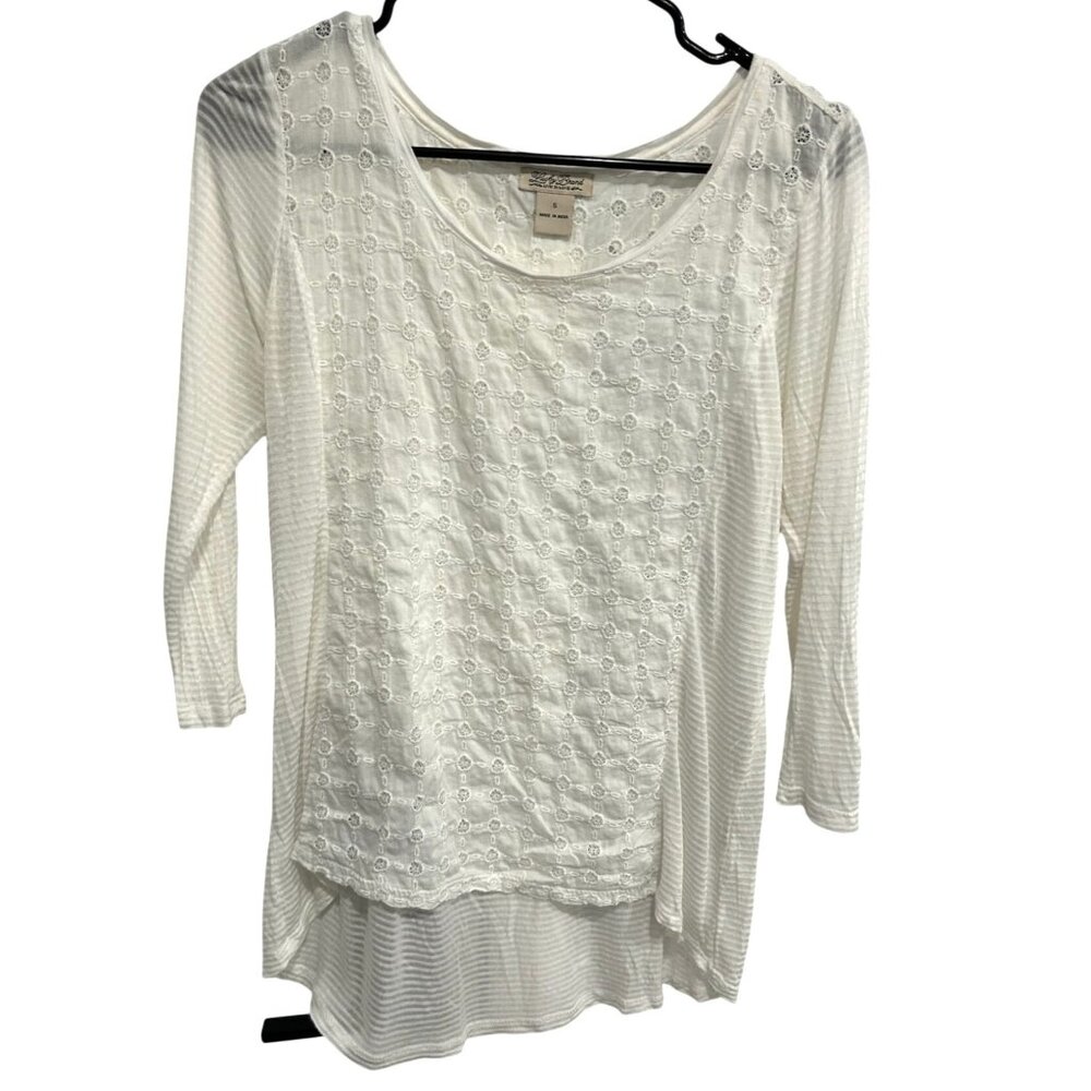 Lucky Brand White Lace Look Eyelet 3/4 Sleeve Top Size S Coastal Cowgirl